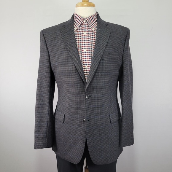JOS A‎ BANK Men's Sport Coat Blazer Two Button Gray Houndstooth Wool Size 40L